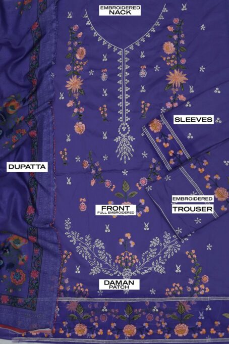 Detailed front embroidery with multi-head and thread work on premium lawn fabric