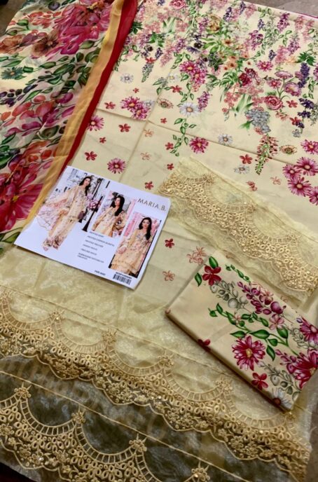 Maria B Lawn 3-Piece Embroidered Suit  Digital Printed Chiffon Dupatta & Printed Trouser | Unstitched | Free Delivery Pakistan - Image 3
