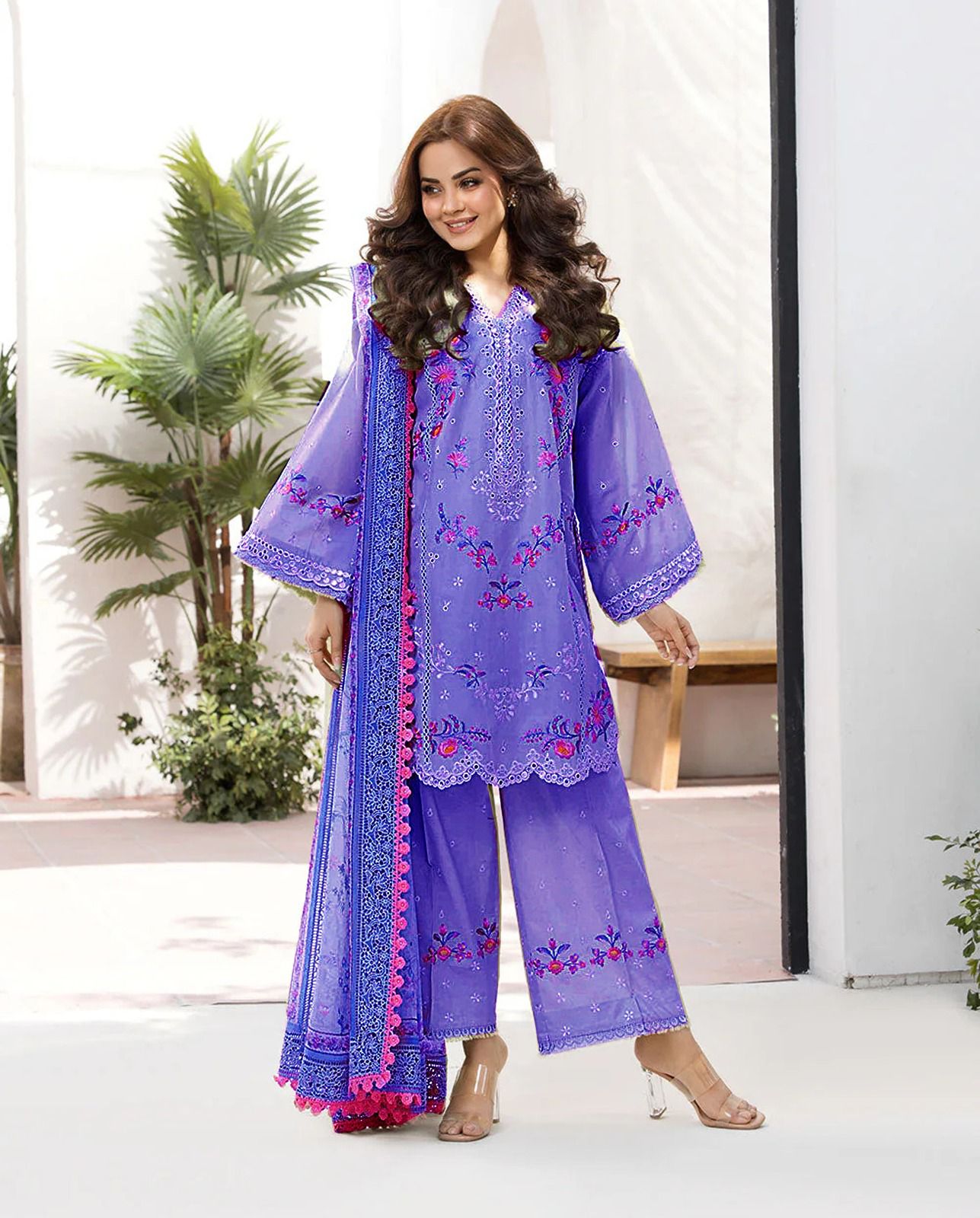 Girl modeling Sobai Nazir embroidered lawn dress – premium quality 102/86 lawn fabric