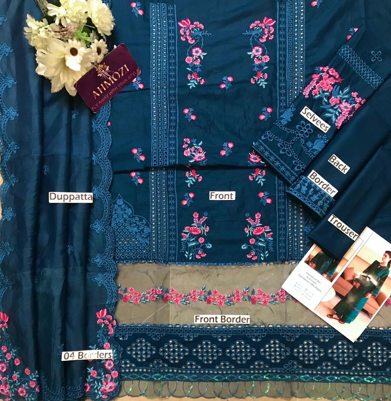 Close-up of intricate Chicken Kari embroidery on Azure lawn suit front