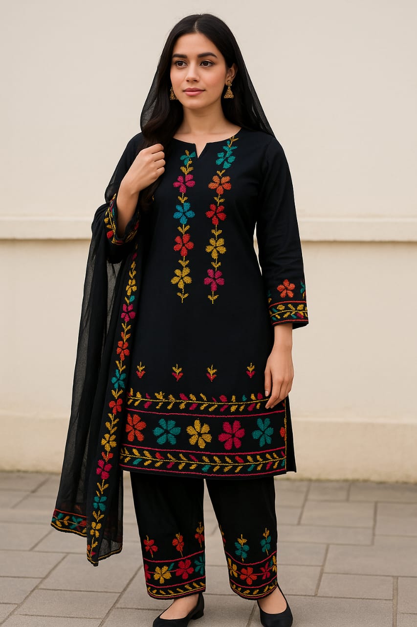 Model wearing a 3-piece unstitched lawn cotton embroidered suit with Indian chiffon dupatta