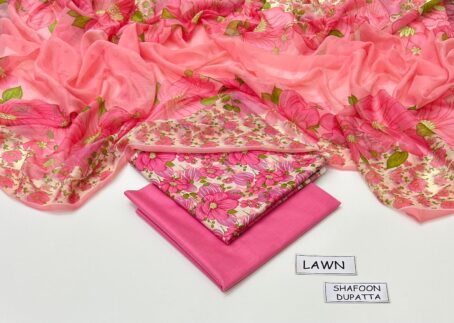 Baroque Lawn 3-Piece Suit in Pink Color – Printed Lawn Shirt, Chiffon Dupatta, and Matching Trouser