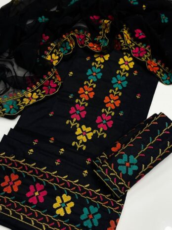 Premium 3-Piece Lawn/Cotton Embroidered Dress – Cross Stitch Design with Heavy Indian Chiffon Dupatta