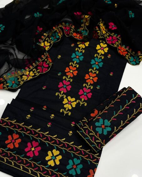 Premium 3-Piece Lawn/Cotton Embroidered Dress – Cross Stitch Design with Heavy Indian Chiffon Dupatta - Image 2
