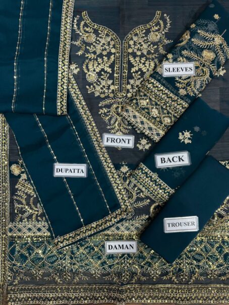 Close-up of front embroidery on Asim Jofa chiffon shirt with sequence and zari detailing
