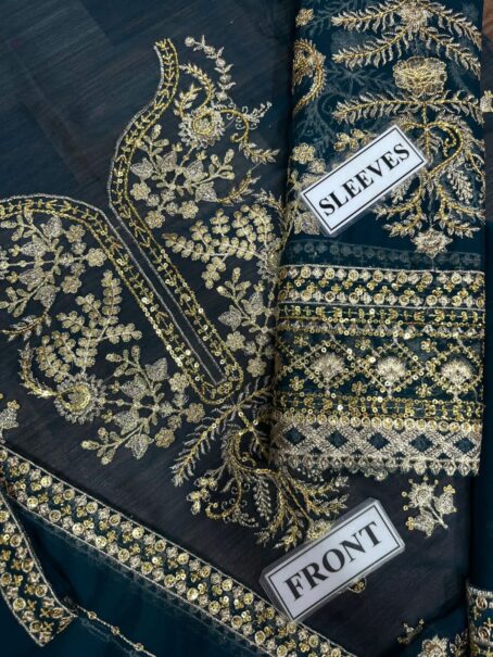Detailed view of embroidered sleeves on Asim Jofa chiffon unstitched suit