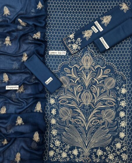 Flat lay of Bareeze 3-piece embroidered lawn suit showing front, sleeves, back, trouser, and bamber embroidered dupatta