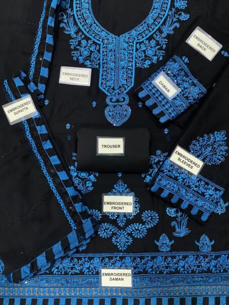 Close-up showing front embroidery, daman design, and dupatta of Asim Jofa luxury chiffon embroidered 3 piece suit
