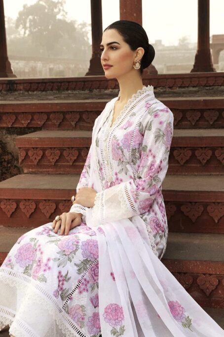 Model wearing Bareeze embroidered unstitched 3-piece cotton suit with chiffon dupatta