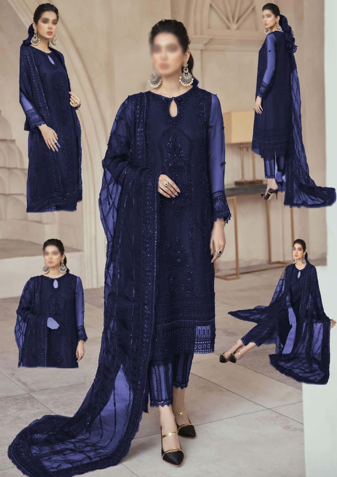 Model showcasing a stitched navy blue luxury handwork net wedding suit with an embroidered dupatta and matching trousers